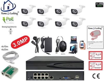 Home-Locking complete set PoE camera beveiligingssysteem met bewegingsdetectie camera's en NVR 8ch 8MP H265 met 8 bullet camera's 3.0MP CS-8-1516