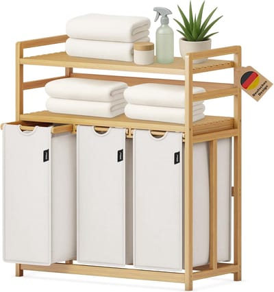 Wasmand met 3 vakken - Sorteren en opbergen - Kleding sorteren - Dubbele legplank ontwerp - 148 liter capaciteit - Beige