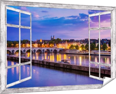 Gards Tuinposter Doorkijk Maastricht Maas Rivier bij de Sint Servaasbrug - 180x120 cm - Tuindoek - Tuindecoratie - Wanddecoratie buiten - Tuinschilderij