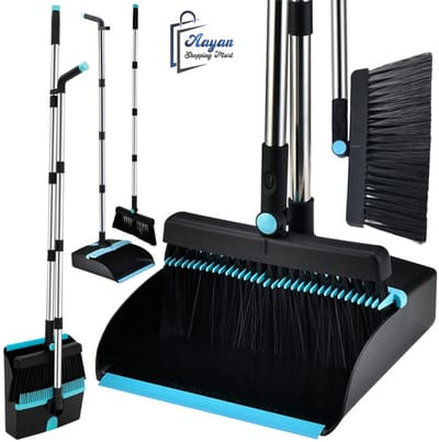Stoffer en Blik met Lange Steel - Verstelbaar 123cm - Ingebouwde Schoonmaaktanden - bezem - stoffer en blik lange steel - bezemhouder - bezem binnen - 51536
