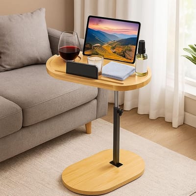 Bijzettafel C-vorm - Kleine tafel - Flexibel gebruik - 360° draaibaar en in hoogte verstelbaar - 42-82 cm hoogte - Naturel