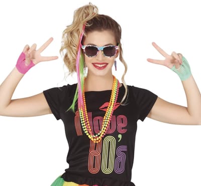 Fiestas Guirca - Set 80's: 2 hair extensions, oorbellen, kettingen, handschoenen, bril
