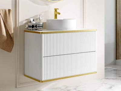 Vente-unique Hangmeubel voor badkamer met ribbels en goudkleurige rand met ronde opbouwwastafel - Wit - 80 cm - KELIZA