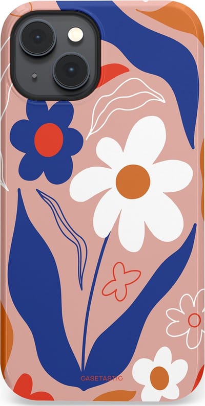 Casetastic hoesje geschikt voor Apple iPhone 14 - MagSafe - Dubbellaagse bescherming - Eenvoud in bloei - Fashion Case - Perzik Donkerblauw Wit