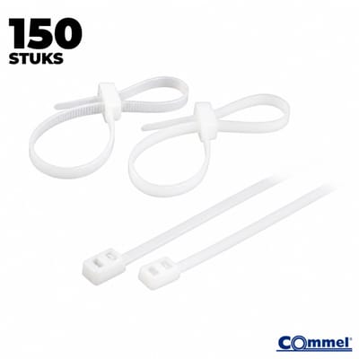 150x Commel Kabelbinders met Dubbele Sluitkop - 200 x 4.8 mm - Wit - Nylon - Treksterkte 22kg
