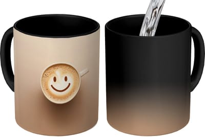 Magische Mok - Foto op Warmte Mokken - Koffiemok - Koffie - Melkschuim - Lach - Beige - Magic Mok - Beker - 350 ML - Theemok