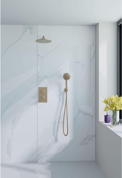 FugaFlow Eccelente Acces Inbouw Regendoucheset - thermostatisch - wandarm - 25cm hoofddouche - ronde handdouche - gladde doucheslang - Geborsteld Messing PVD (Goud)