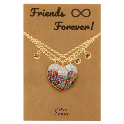 BFF Ketting voor 3 ' Friends Forever' - Magnetisch Glitter Hartje - Vriendschapsketting op Cadeau Kaartje - 45cm + 5cm verstelbaar - Goudkleurig - Best Friends Hanger - Pax Amare