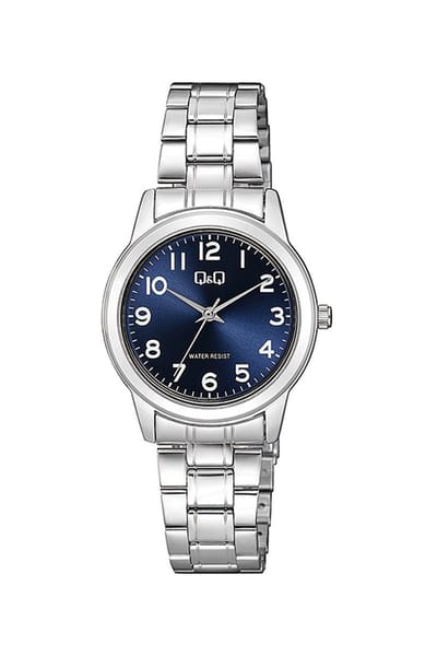 Q&Q Q66A-003PY - Horloge - Analoog - Dames - Vrouwen - stalen band - Rond - Metaal - Cijfers - Zilverkleurig - DonkerBlauw - 3 ATM