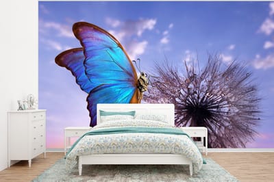 Behang - Fotobehang Vlinder - Zonsondergang - Paardebloem - Blauw - Breedte 400 cm x hoogte 300 cm