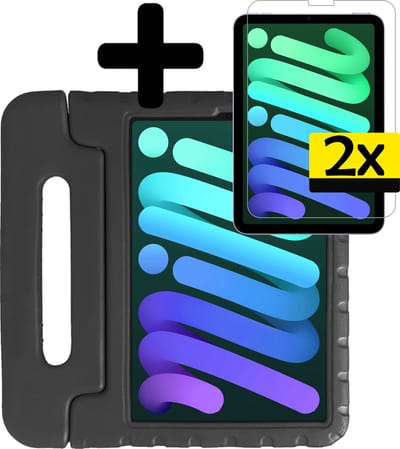 Hoes - Geschikt voor Apple iPad Mini 6 (2021) - 8.3 inch - 6e Generatie - Met 2x Screenprotector - Kinderhoes Shockproof Bumper - Kidsproof Case - Tablet Hoesje - Kinder Cover - Zwart