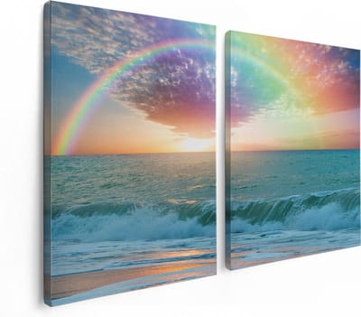 Artaza Canvas Schilderij Tweeluik Regenboog in het Water bij het Strand - 120x80 - Foto Op Canvas - Canvas Print