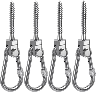 4 Swing Haken met Houten Stangen, M10 x 127 mm, Hangmat Bevestiging met Karabijnhaak, Hangstoel Ophangsystemen, RVS, Draaibare Punching Bag, Plafondbeugel, Ooghaak voor Schroeven, Tot 680 kg Belastbaar