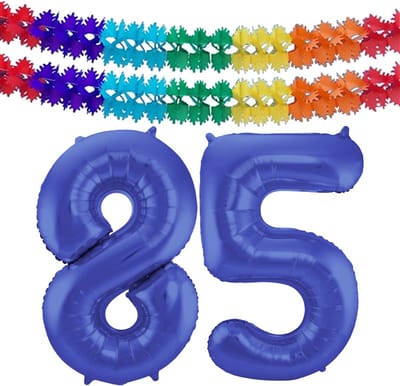 Folat Verjaardag Leeftijd folieballon - 85 jaar - blauw - 86 cm - cijferballon groot - incl 2x feestslingers