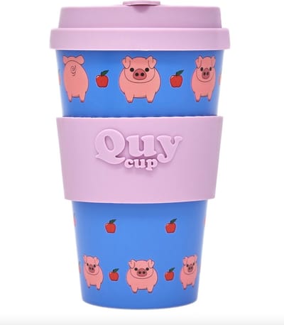 Quy Cup 400ml Ecologische Reis Beker - "Pig" - BPA Vrij - Gemaakt van Gerecyclede Pet Flessen met Rose Siliconen deksel