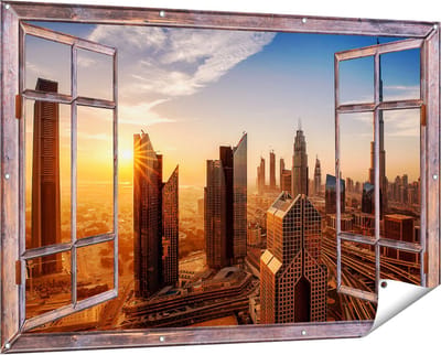 Gards Tuinposter Doorkijk Dubai Stad bij Zonsopgang - 150x100 cm - Tuindoek - Tuindecoratie - Wanddecoratie buiten - Tuinschilderij