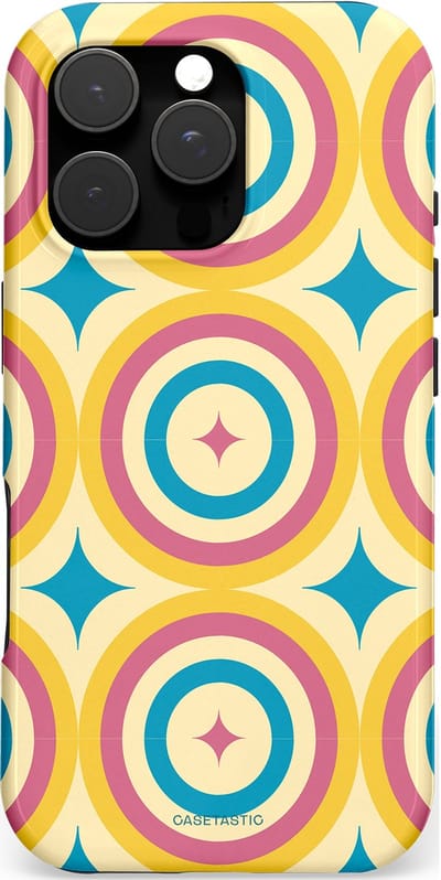 Casetastic hoesje geschikt voor Apple iPhone 16 Pro - MagSafe - Dubbellaagse bescherming - Swinging Retro Boogie Circles - Fashion Case - Crème Goud Lichtblauw Koraal