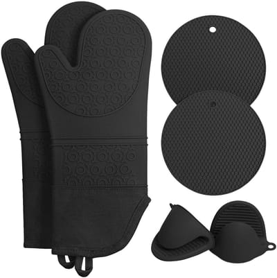 QTTVBTNA -Hittebestendige Siliconen Ovenhandschoenen met Zacht Gevoerd Binnenwerk – Antislip BBQ en Kookhandschoenen Set – Zwart – Voor Bakken, Grillen en Koken
