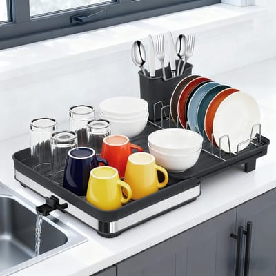 Uitbreidbare Multifunctionele Afwasrek voor Tafelgerei met Bestekhouder - Zwart Keukenaccessoire voor Organisatie en Ruimtebesparing