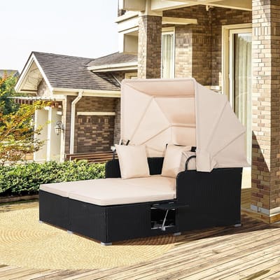 Zonne-eiland voor 2 Personen 165 x 153 x 138 cm Rotan Dagbed met Opvouwbaar Zonnedak, Dubbele Tuinligstoel met Kussens, Inklapbare Zijtafels en Weerbestendig Polyrotan voor Tuin, Terras en Zwembad Beige - Mobili Bella