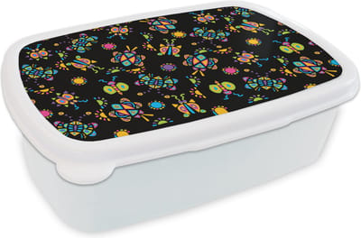 Broodtrommel Wit - Lunchbox - Brooddoos - Vlinder - Patroon - Insecten - 18x12x6 cm - Volwassenen