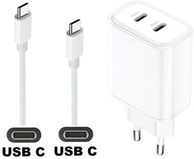 OneOne 35W snellader met 2 poorten USB C en USB C + 0,2m sterke USB C naar C kabel. Witte PD lader. Oplader adapter past op Google Pixel 1, 2, 2XL, 3, 3XL, 3a, 3a XL, 4, 4XL, 4a, 5, 5a, 6a, 7, 7 Pro, 8, 8a, 8 Pro, 9, 9 Pro, 9 Pro XL, 9 Fold, C, XL