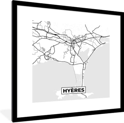 Fotolijst incl. Poster Zwart Wit- Stadskaart - Plattegrond - Hyères - Kaart - Frankrijk - Zwart wit - 40x40 cm - Posterlijst