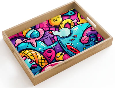 Dienblad hout 40x30 cm - Schootdienblad - Abstract - Neon - Design - Kleurrijk - Graffiti - Borrelplank rechthoek - Plateau dienbladen