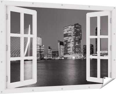 Gards Tuinposter Doorkijk Rotterdamse Skyline - Zwart Wit - 180x120 cm - Tuindoek - Tuindecoratie - Wanddecoratie buiten - Tuinschilderij