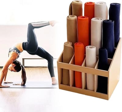 Houten Opbergrek - Mattenhouder Organizer - Sportspullen Opbergen - 12 Vakken - 45x34x42 cm - Houtkleur