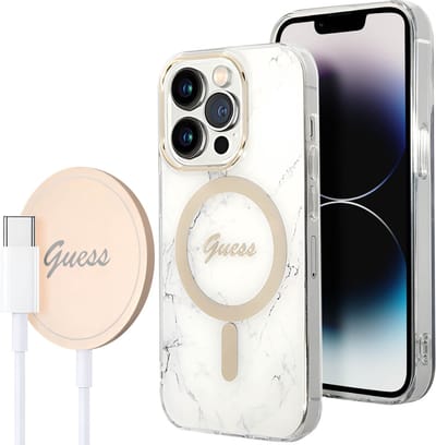 GUESS, Gebundelde hoes Geschikt voor Apple iPhone 14 Pro Max met marmeren patroon en Qi Magsafe draadloze oplader, Wit