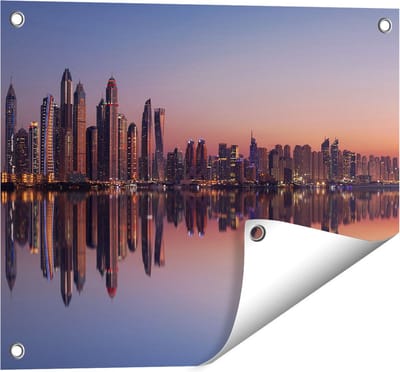 Gards Tuinposter Skyline Dubai Stad bij Zonsondergang - 50x40 cm - Tuindoek - Tuindecoratie - Wanddecoratie buiten - Tuinschilderij
