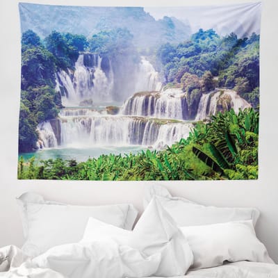ABAKUHAUS Natuurtapijt, Waterval Exotische Tropische Bladeren Natuurlijk Zwembad Water Afbeelding, 150 x 110 cm, Bosgroen Lichtblauw
