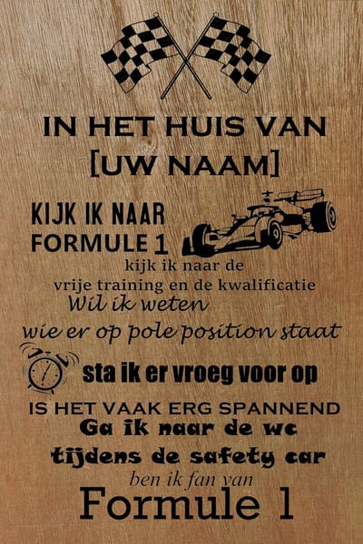 Formule 1 wandbord 20 x 30cm gepersonaliseerd met uw eigen naam - In dit huis ben ik fan van - Max Verstappen - FIA race