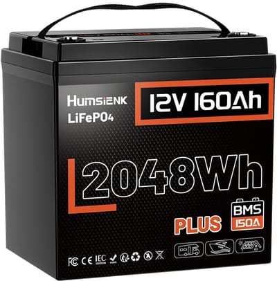 Humsienk 12V 160Ah Plus LiFePO4-accu met 150A laagtemperatuurbeveiliging BMS – 2048Wh bruikbare energie voor campers en boten