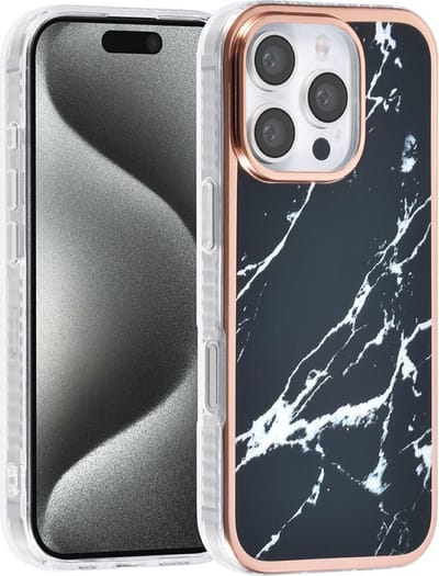 Multimedia & Accessoires Siliconen Marmer Harde Back Cover Case Hoesje geschikt voor Apple iPhone 16 Pro – TPU – Harde Plastic – Zwart