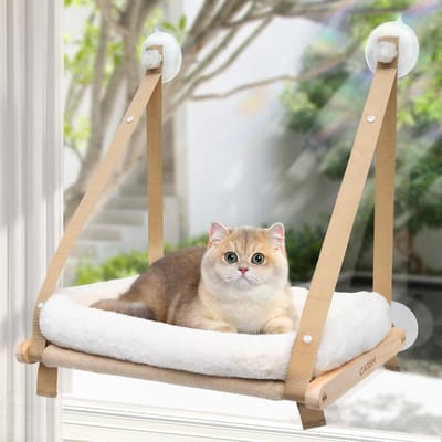 Famanu – Houten kattenraambaars zonder boren, stevige raamplank met wasbaar kussen, wit