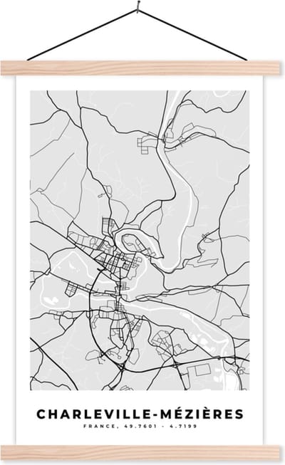 Posterhanger incl. Poster 40x60 cm - Schoolplaat - Stadskaart – Frankrijk – Kaart – Charleville-Mézières – Plattegrond - Textielposter - Blanke latten - Stadskaart