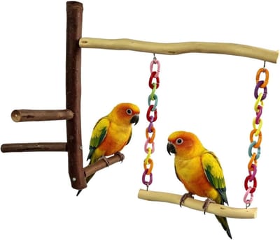 Vogelschommel voor kooi - Vogelzitstok standaard - Vogels vermaken - Hout met klimrek - 30 cm standaard - Meerkleurig