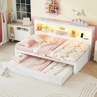 Pugsdrly Eenpersoonsbed Volwassen bed Gecombineerd bed Nestbed 90x200 cm afstandsbedienbare sfeerverlichting opbergruimte aan de zijkant stopcontact + USB wit