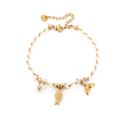 Touw armbandje Goud/Wit - Bloem, Vin en Visje - Stainless Steel Verlengstukje en Sluiting - Zomer armband