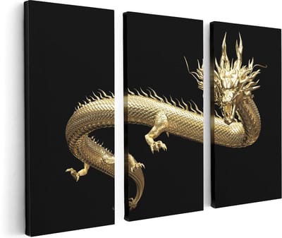Artaza Canvas Schilderij Drieluik Gouden Draak - 120x80 - Foto Op Canvas - Canvas Print