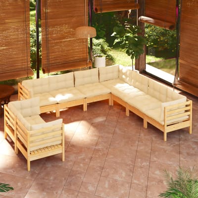 vidaXL - 9-delige - Loungeset - met - crèmekleurige - kussens - grenenhout