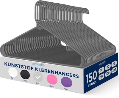 SereneLife Kleerhanger - Plastic Hangers - Antislip Ruimtebesparende Kledinghangers - 150 Stuks - Duurzaam en Sterk voor Hemden, Truien, Hoodies, Kinderkleding en Jurken - Lichtgewicht - Grijs