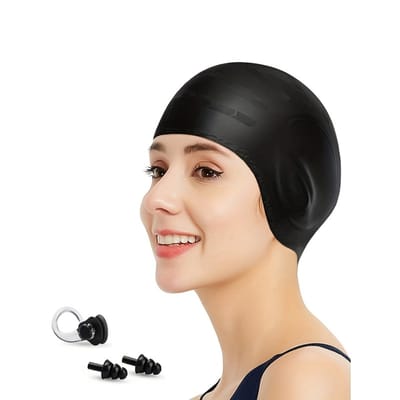 Dutchers® Siliconen Badmuts - Unisex - Inclusief Zwem Oordopjes & Neusklem - Badmutsen voor Dames & Heren - Stretch - Bedekkende oren - Douchecap - Waterdicht en Elastisch - Swimming Cap - Zwart