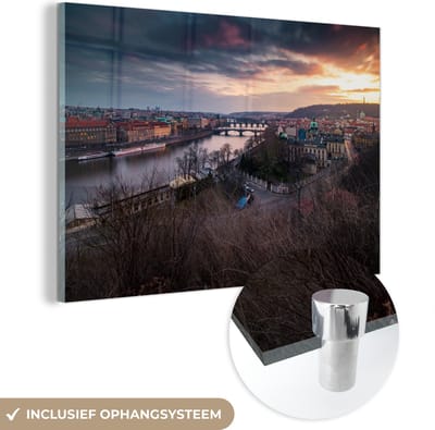 ® Glasschilderij 180x120 cm - Schilderij acrylglas - Luchtfoto van de zonsondergang bij de rivier de Moldau in Praag - Foto op glas - Muurdecoratie woonkamer - Wanddecoratie slaapkamer - Schilderijen