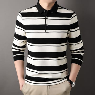 T-shirt met lange mouwen Herfst Nieuw Revers Heren Gestreept Onderhemd Zakelijk Casual Heren Top Poloshirt XXXXL white
