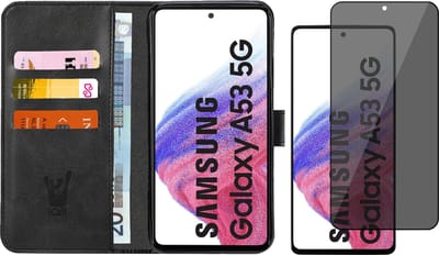 Hoesje geschikt voor Samsung Galaxy A53 - Book Case Kunstleer Wallet Cover Portemonnee Pasjeshouder Hoes Zwart - Tempered Glass Privacy Screenprotector