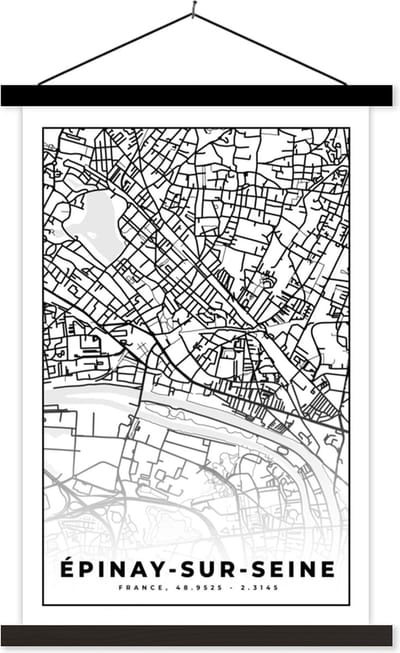 Posterhanger incl. Poster 40x60 cm - Schoolplaat - Stadskaart - Plattegrond - Kaart - Frankrijk - Épinay-sur-Seine - Zwart wit - Textielposter - Zwarte latten - Stadskaart
