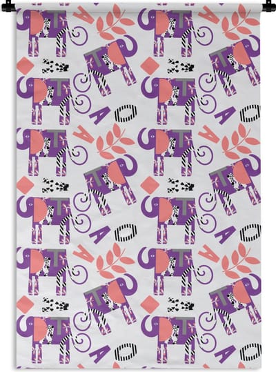 Wandkleed - Wanddoek - Olifanten - Bladeren - Paars - Patroon - 120x180 cm - Wandtapijt